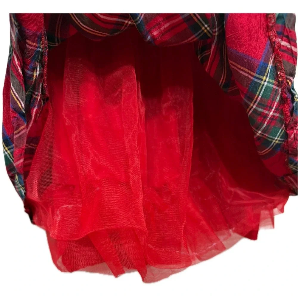 Janie and Jack Girls Silk Plaid Holiday Dress Size 3 Red Tartan Puff Sleeve